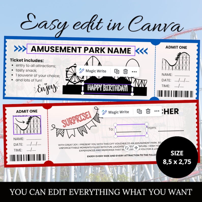Amusement Park Printable Ticket, Editable Birthday Invitation Gift Card ...