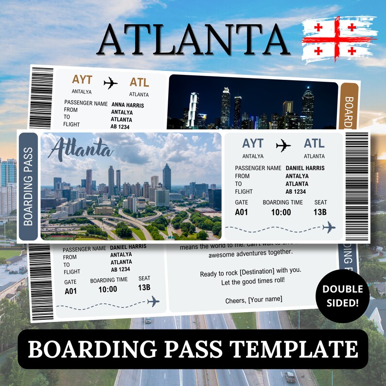 Atlanta Boarding Pass Template, Surprise Ticket for Partner, Canva ...