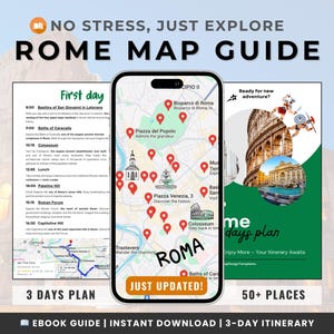 Rome Map Guide & 3-Day Itinerary | Digital Travel Planner | Mobile-Friendly Ebook Tour Guide with 50+ Locations