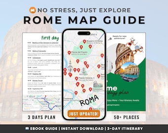 Rome Map Guide & 3-Day Itinerary | Digital Travel Planner | Mobile-Friendly Ebook Tour Guide with 50+ Locations