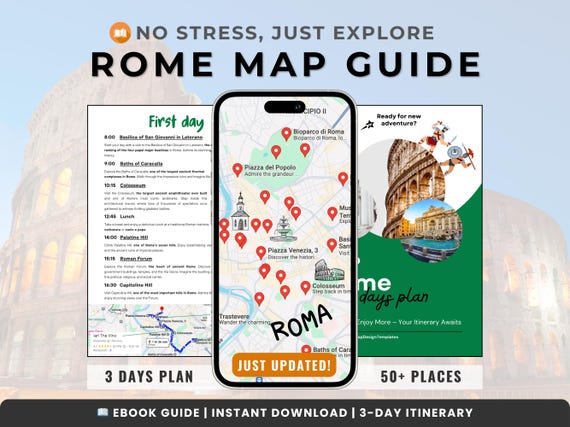 Rome Map Guide & 3-Day Itinerary | Digital Travel Planner | Mobile-Friendly Ebook Tour Guide with 50+ Locations