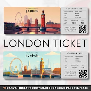 Redigerbart boardingkort för London | Biljettmall | Överraskningspresent till din partner eller vän | Lätt anpassningsbar | Canva direktnedladdning