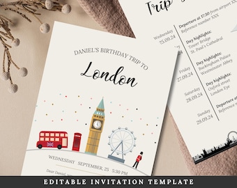 London Birthday Surprise Card | Invitation Ticket for Partner or Friend - Anniversary Idea | Easily Editable Template | Instant Download