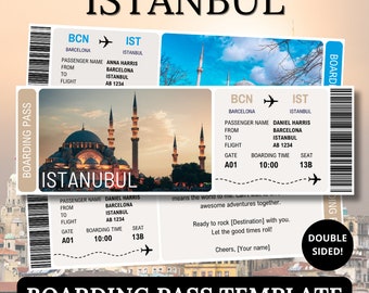 Istanbul Boarding Pass-sjabloon, verrassingsticket voor partner, Canva bewerkbaar cadeauvliegtuigreisdocument, digitale print Turkije-voucher