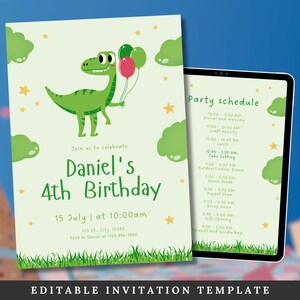 Personalisierte Dinosaurier-Geburtstagseinladung für kleinen Jungen - druckbare und bearbeitbare Partykartenvorlage, Feierticket, Party-Idee