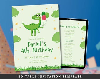Personalised Dinosaurus Birthday Invitation for Little Boy - Printable and Editable Party Card Template, Celebration Ticket, Party Idea