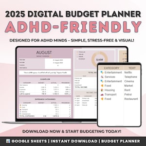 Planificador de presupuesto para personas con TDAH 2025 / Seguimiento financiero digital / Plantilla de presupuesto de Hojas de cálculo de Google / Planificador de ahorros y gastos
