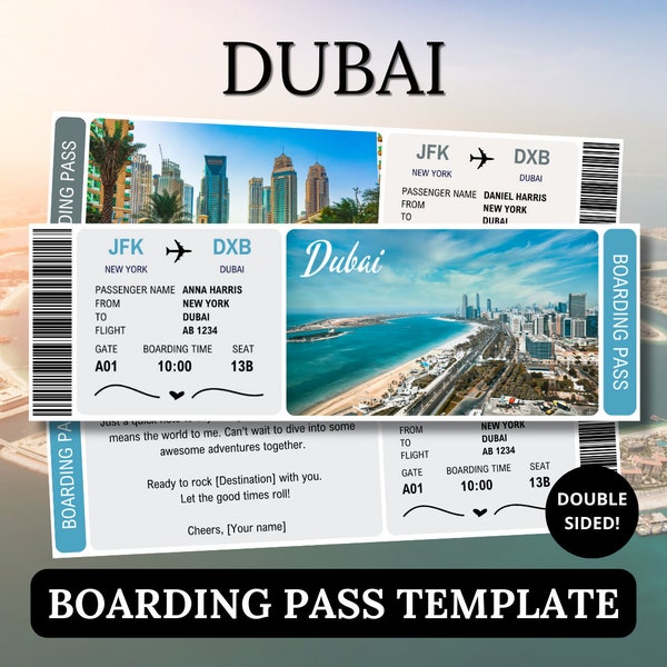 Dubai Boarding Pass Template, Surprise Ticket For Partner, Canva Editable Gift Plane Travel Document, United Arab Emirates Voucher