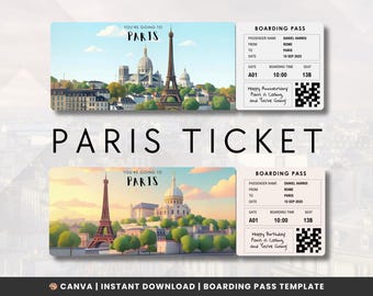 Editable Paris Boarding Pass | Ticket Template | Surprise Gift for Your Partner or Friend | Easily Customizable | Canva Instant Download