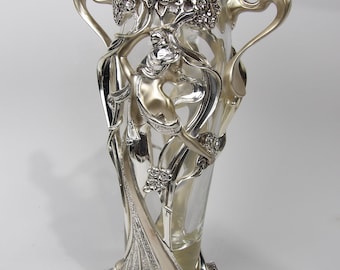 Handmade Silver-Coated Resin Vase with “Woman and Flowers” Design