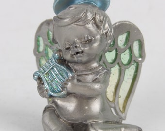 Silver Resin little angel with crystal green wings