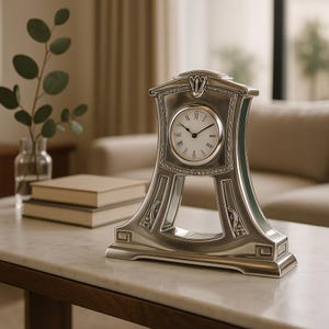 Può includere: Un orologio da camino argentato con quadrante rotondo e numeri romani. L'orologio presenta un design ornato di ispirazione Art Déco con decorazioni. L'orologio è esposto su un tavolo con piano in marmo, suggerendo un tema di arredamento classico.