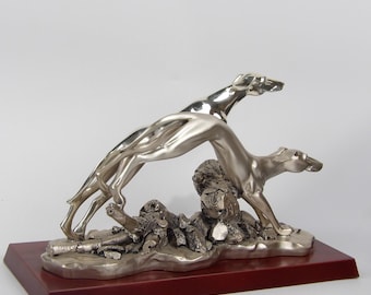 Silver-coated resin statue “pair of greyhound” on brown veneered