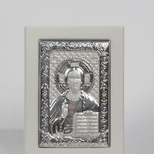 Silver-Plated Christ Pantocrator Icon in Wooden frame
