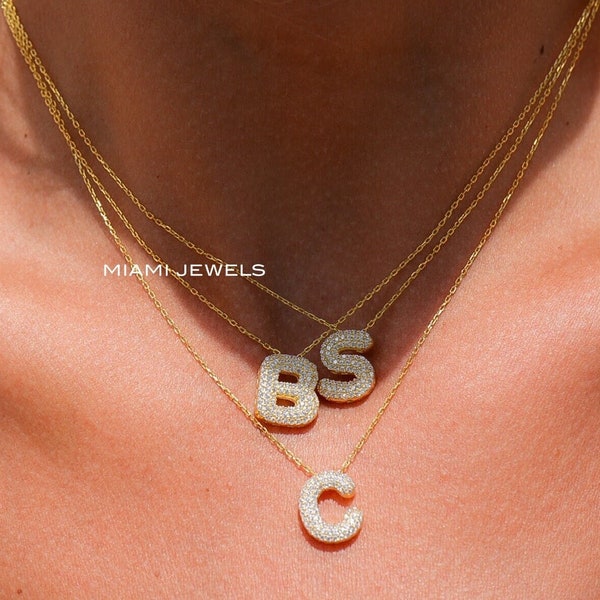 Pave Bubble Letter Necklace, Charm Letter Gold Necklace, 14K Gold Balloon Pendant, Personalized Bubble Necklace, Diamond Initial Necklace