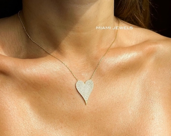 Cz Stones Pave Heart Necklace, Diamond Heart Necklace, Dainty Silver Necklace, Tiny Heart Necklace, Small Pave Heart Pendant Diamond Stone