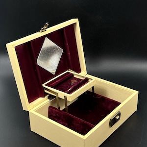 Vintage Jewelry Box w/ Key Ivory Gold Scrolls Red Velvet Lining 2 Tier 10&quot; x 7&quot;