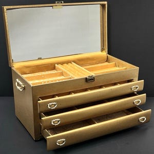 Vintage Lady Buxton Gold Jewelry Box 3 Drawer Velvet Lined USA 16.5"x9"x8"