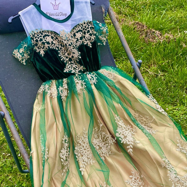 Golden Embroidery Anna Princess Dress - Regal Green Girls' Gown for Parties & Dress-Up