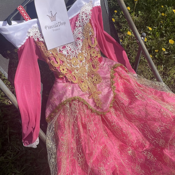 Robe de princesse Aurora - Robe rose fabriquée à la main pour fille 3 à 10 tonnes avec accessoires royaux