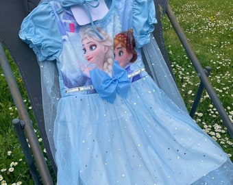 La reine des neiges Elsa - Robe bleue avec cape - Déguisement princesse d'été pour enfants, tenue de fête à manches courtes 2-8 ans