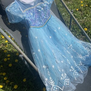 A shimmering blue dress fit for a little Elsa, complete with a snowflake-adorned skirt and a touch of princess sparkle