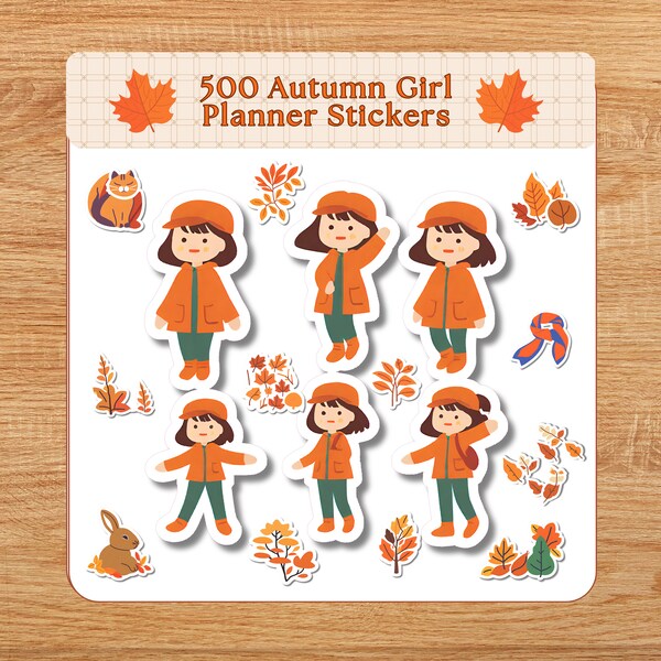 500 Autumn Girl Planner Stickers, Monthly Kit, Printable Decor, September Designs, Fall Stickers, Seasonal Planner Kit for Girls