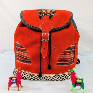 Peruvian Leather Suede Red Boho Llama Backpack, Ethno backpack, Tribal aztec southwest backpack, Hippie Backpack, Festival Backpack