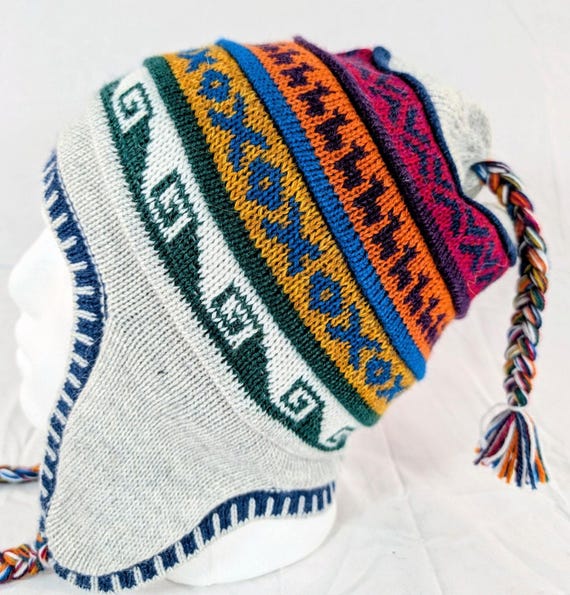 Soft Baby Alpaca Reversible Chullo Beanie Hat Beige Unisex Colorful Boho Peru Soft Baby Alpaca Reversible Chullo Beanie Green Beige Unisex  main image 3