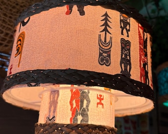 Two-Tier Tiki Lamp, Custom Fabric Hanging Light, Mid Century Modern
