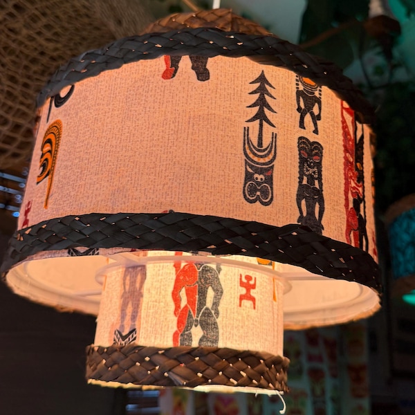 Lámpara Tiki de dos niveles, lámpara colgante de tela personalizada, estilo moderno de mediados de siglo