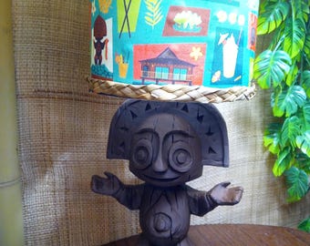 15” Polynesian Myth Tiki Lamp, Mid-Century Island Style, Rechargeable RGB LED with Remote