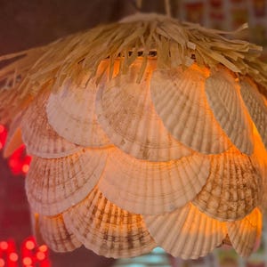 May include: A unique pendant light fixture crafted from seashells, arranged in overlapping layers. The light fixture has a natural, beige color with a straw-like top. The light glows with a warm, inviting orange hue, creating a beachy ambiance.