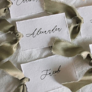 Soft white, name cards, calligraphy, place cards, silk satin, ribbon, wedding name cards, deckled edge, cotton sheet paper, place card image 2