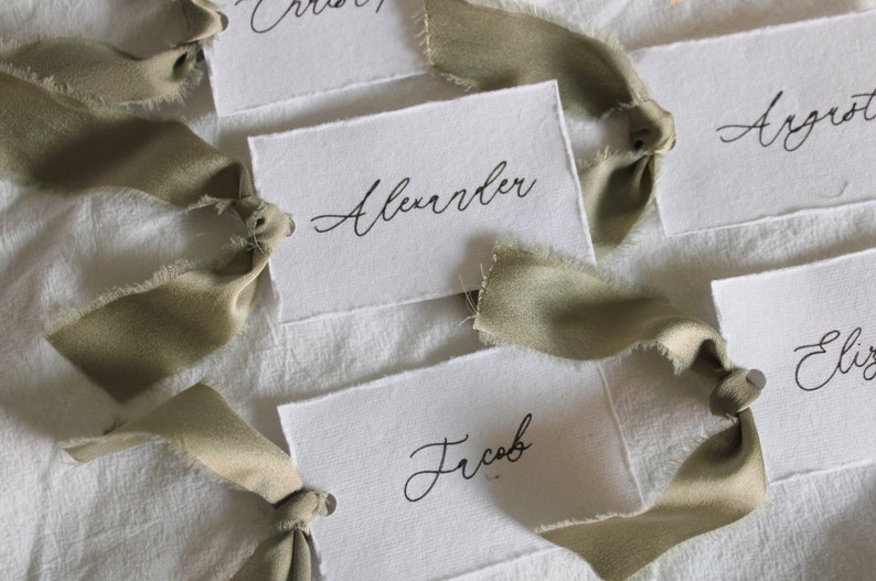 Soft white, name cards, calligraphy, place cards, silk satin, ribbon, wedding name cards, deckled edge, cotton sheet paper, place card image 2