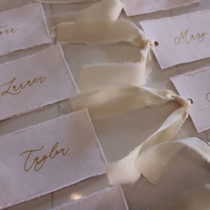 Soft white, name cards, calligraphy, place cards, silk satin, ribbon, wedding name cards, deckled edge, cotton sheet paper, place card image 3