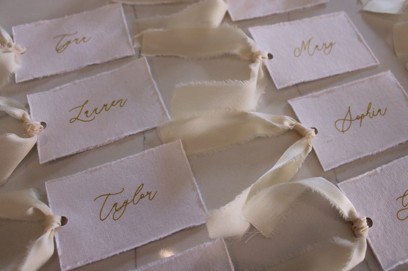 Soft white, name cards, calligraphy, place cards, silk satin, ribbon, wedding name cards, deckled edge, cotton sheet paper, place card image 3