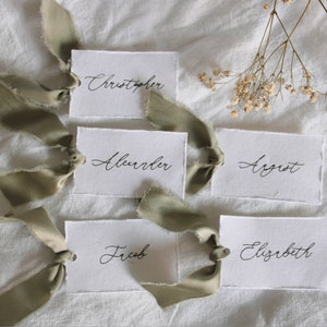 Soft white, name cards, calligraphy, place cards, silk satin, ribbon, wedding name cards, deckled edge, cotton sheet paper, place card image 1