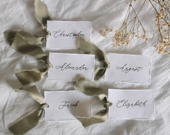 Soft white, name cards, calligraphy, place cards, silk satin, ribbon, wedding name cards, deckled edge, cotton sheet paper, place card