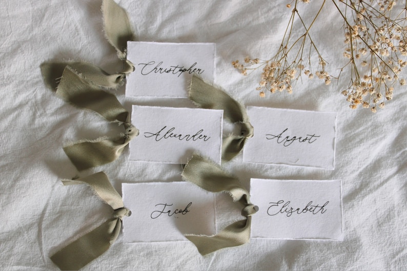 Soft white, name cards, calligraphy, place cards, silk satin, ribbon, wedding name cards, deckled edge, cotton sheet paper, place card image 1