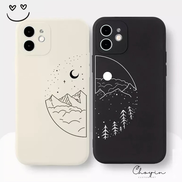 Aesthetic Sun Moon Couple Phone Case, Matching Phone Case for iPhone 15 Pro Max 14 13 12 11 XR X XS 7 8 Plus Silicone Cover