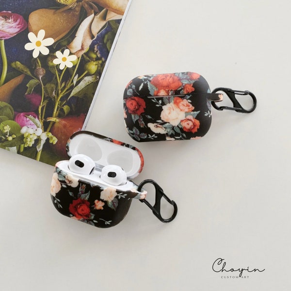 Ästhetische schwarze Blumen Apple Airpods Hülle für Airpods Pro 2nd Generation AirPods 1 2 3 Silikon Floral Hülle mit Schlüsselbund