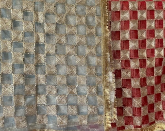 Sequin Wedding Dupatta: Light Blue & Red Checkered Net Stole