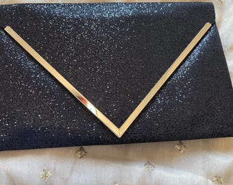 Black Sequined Black Clutch with Gold Accents, Evening Bag