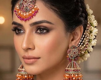 Handmade Navratan Jhumka Maang Tikka Set: Multicolor Meenakari Bridal Jewelry