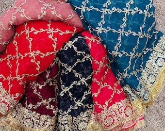 Chiffon Dupatta: Gold Zari Sequin Embroidery, Bridal Wedding Sangeet Stole Scarf