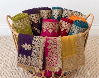 Chiffon Wedding Dupatta: Gold Zari Sequin Embroidery, Bridal Stole Scarf