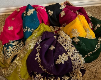 Chiffon Wedding Dupatta: Gold Zari Sequin Embroidery, Bridal Stole Scarf