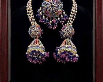 Handmade Navratan Jhumka Maang Tikka Set: Multicolor Meenakari Bridal Jewelry