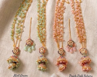 Handmade Pastel  Navratan Jhumka Maang Tikka Set: Pastel Enamel Bridal Jewelry